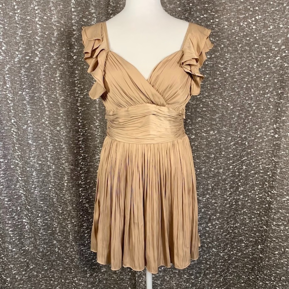 Mable Satin Pleated‎ Ruffle Mini Dress Champagne Gold Fairy Balletcore Women's M